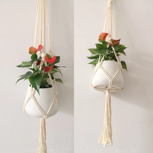 Detail of hand-woven cotton rope plant hanger with white ceramic pot and green foliage