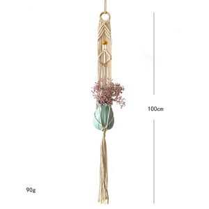 Detail of 100cm bohemian macrame plant hanger with wooden ring and 90g weight specs
