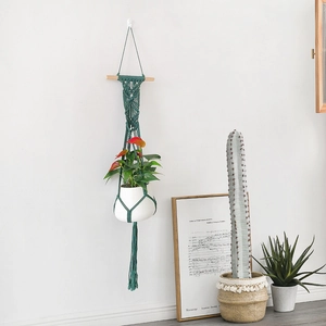 Detailed macro view of dark green macramé plant hanger with a white ceramic pot and natural wood rod