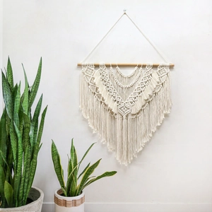 Handmade Cotton Woven Nordic Macrame Wall Hanging Bohemian Tapestry With Wood Pole Tassel Background Wall Decor For Home