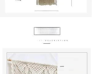 Detail view of 55cm wide macrame wall hanging with 3-tier wooden shelf and woven texture