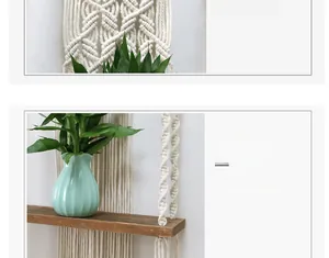 Macro detail of Bohemian hand-woven macrame wall hanging shelf with natural wood board