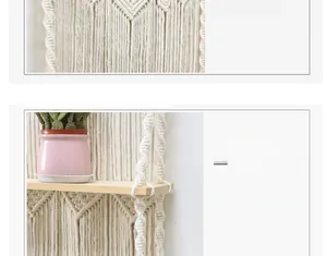 Detail of the intricate macrame weaving and light natural wood on a 3-tier shelf