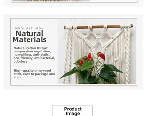 Detail of bohemian hand-woven cotton macrame wall hanging with natural pine wood shelf