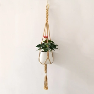 Detailed close-up of handmade cotton rope plant hanger with decorative tassels and greenery