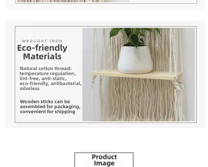 Detailed close-up of handmade woven macrame wall shelf with cotton rope and wood