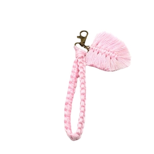 Pink handmade macrame keychain wristlet with leaf tassel and bronze lobster clasp