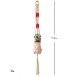 Bohemian handmade cotton rope plant hanger with pink tassels and wooden ring 120cm