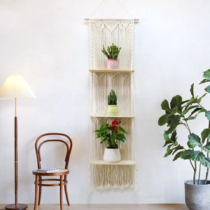 Bohemian Macrame Wall Hanging Tapestry With Tiered Wood Shelf Handmade Cotton Woven Floating Shelves For Living Room Bedroom Home Decor