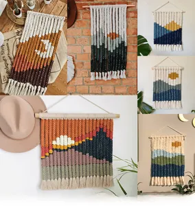 Detailed views of handmade macrame wall hangings with geometric mountain landscape designs