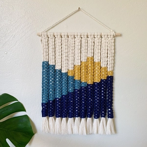 Handwoven macrame wall hanging with geometric color blocks and fringes for home decor
