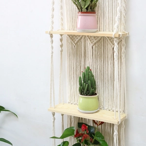 Bohemian double-layer woven cotton rope wall shelf with two light wood planks