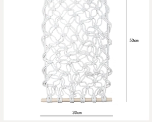 Detailed size chart showing macrame fruit basket dimensions as 50cm height and 30cm width