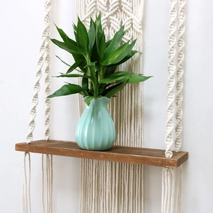 Handmade Macrame Wall Hanging Shelf with Solid Wood Board for Boho Home Decor
