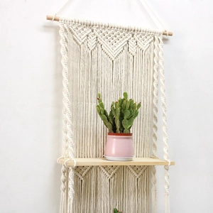 Bohemian macrame wall hanging shelf with 3 tiers of natural wood for home decor