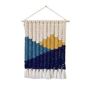 Bohemian handmade woven cotton landscape tapestry with colorful abstract blocks and tassels