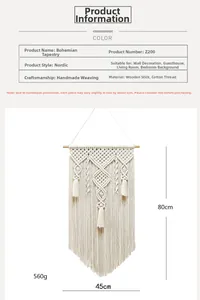 Detail view of handmade Bohemian macrame wall hanging with 80x45cm size and 560g weight
