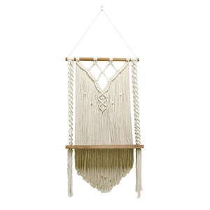 Bohemian macrame wall hanging shelf with handmade cotton rope weave and wooden base