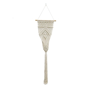 Handmade macrame wall hanging planter with bohemian cotton rope weave and wood dowel