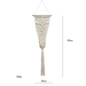 Detailed view of handmade macramé wall hanging dimensions showing 90cm height and 30cm width
