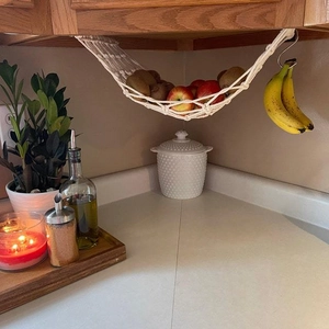 Handmade woven cotton fruit hammock with banana hanger for under cabinet storage