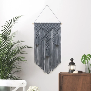 Handmade dark grey macrame wall hanging with wooden rod for Nordic home decor
