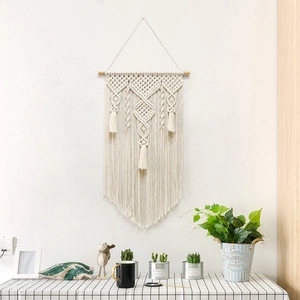 Handmade bohemian cotton macrame wall hanging with wooden rod for home decor