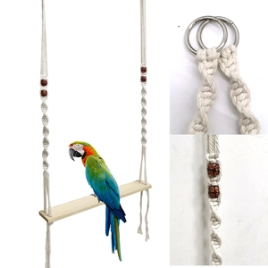 Nordic handmade cotton rope pet bird swing with wooden board and colorful parrot