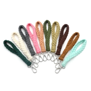 Handmade braided cotton rope wristlet keychain set in ten assorted bohemian colors