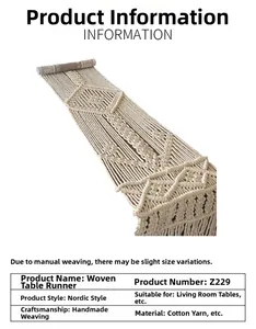 Detailed view of handmade cotton macrame table runner with geometric diamond patterns