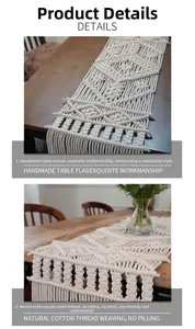 Detail of bohemian handmade cotton table runner with woven diamond textures and fringe