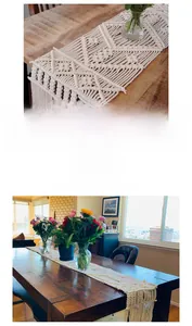 Close-up of geometric macrame weaving and tassel fringe on a Nordic cotton table runner