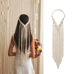 Handgemaakte boho katoenen macramé hoofdband met lange franjes voor bruiloften of reizen