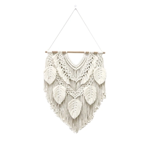 Handmade boho macrame wall hanging with woven feather leaves and natural cotton rope