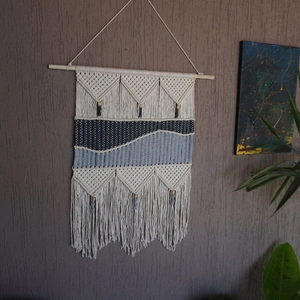 Bohemian handmade macrame wall hanging with grey tassel patterns for home decor