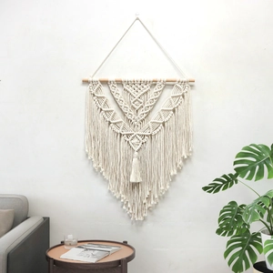 Handmade Bohemian Macrame Wall Hanging Cotton Rope Woven Tapestry With Wooden Rod Tassels Geometric Art For Home Decor