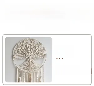 Detail of hand-woven Tree of Life wall hanging made with ivory cotton cord and fringe