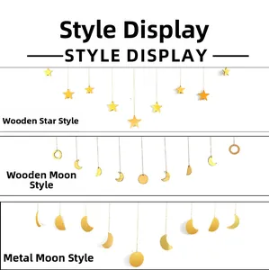 Three-style wall decor set featuring wooden stars, moon shapes and metal moon phases