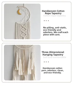 Detail of bohemian cotton rope tapestry with moon wood pendant and handmade weaving