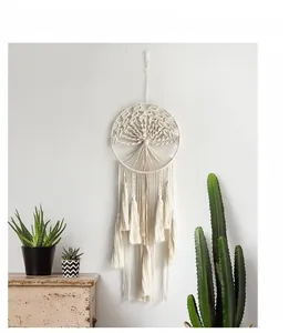 Detailed close-up of Bohemian handmade cotton rope wall hanging with tree of life design