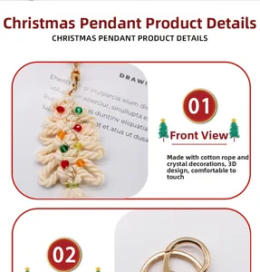 Close-up of handmade woven cotton Christmas tree keychain with colorful crystal beads