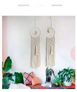 Detail of handmade bohemian macrame wall hangings with sun and moon woven designs