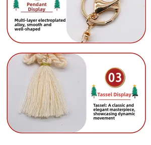 Macro detail of gold-plated alloy hook and off-white cotton tassel on Christmas pendant