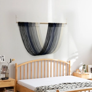 Nordic gradient grey hand-woven wall tapestry with wooden rod for home bedroom decoration