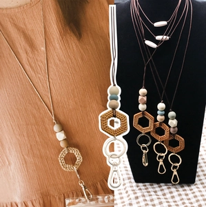 Handmade Bohemian Silicone Wood Bead Lanyard With Rattan Pendant For ID Badge Holder Keychain Card Neck Strap Accessory
