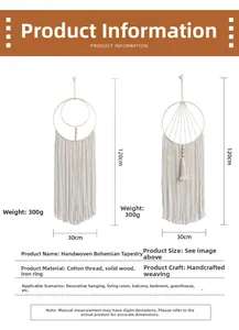 Detail of bohemian handmade woven cotton rope wall hanging with wooden beads and iron ring