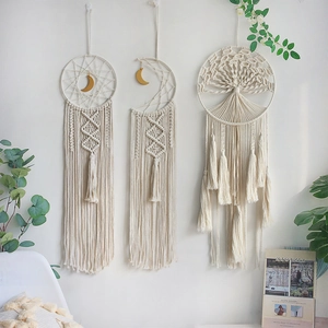 Bohemian ivory woven wall hanging set with tree of life and moon charms for home decor