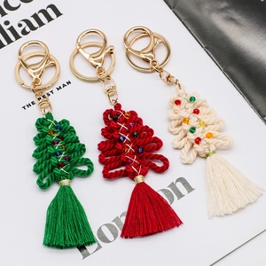 Handmade Woven Cotton Cord Christmas Tree Keychain Macrame Bag Charm Tassel Pendant Festive Car Hanging Decoration Gift