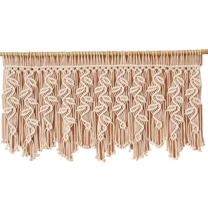 Rideau mural bohème fait main en coton tissé avec motifs de feuilles et tringle en bois