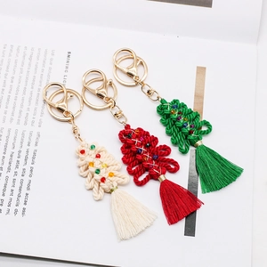 Handmade woven cotton Christmas tree keychains with colorful beads and long tassels